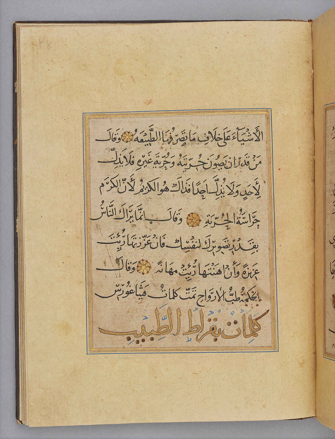 Manuscript page with right justified text box ruled with blue and gold, containing 8 lines of script in black with gold floral roundels as text-markers. The last line of script is larger and written in gold.