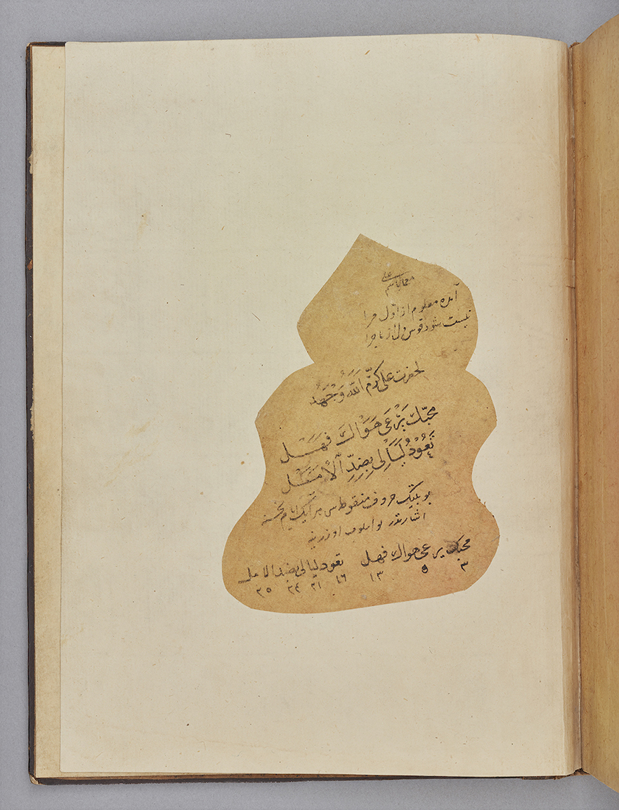 Beige page in a bound manuscript, a cut our darker beige coloured piece of paper pasted in the middle with 8 lines of script, organic shape with rounded edges coming to a point at the top.