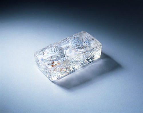 Rectangular clear dish, with two large circular compartments, the sides decorated with a band of scrolls, the base with affronted palmettes and further scrolls.