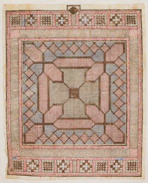 Mirrored image back of the square chart created with many tiny squares forming a grid filled with the names of Allah and verses from the Qur'an in red, blue and black ink. 