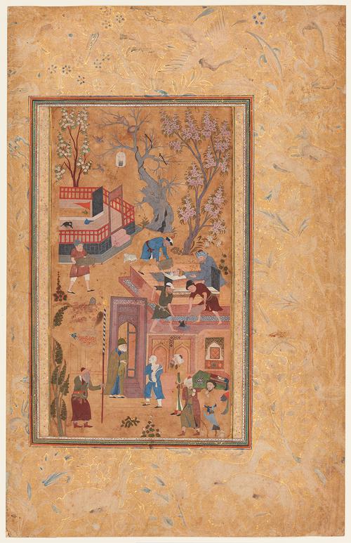 Painting side inside a large boarder decorated with a gold floral design with birds. The painting features an outside city setting, with men working in the top half of the scene, at the bottom men speaking while others on the right carry a casket.