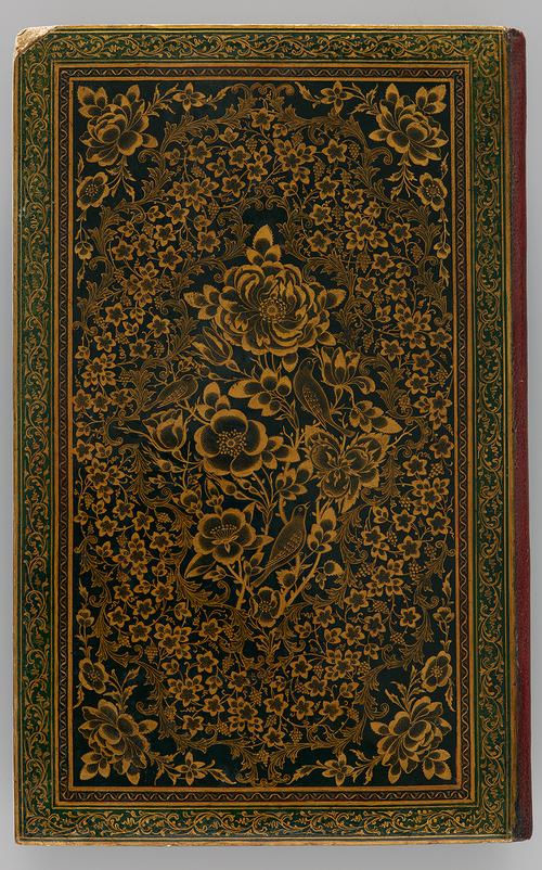 The lacquer binding is decorated with sprays of flora and vegetation in gold on a black ground. The design radiates from the centre, features a rose bush with flowers in various stages of bloom with three nightingales perched on its stems.