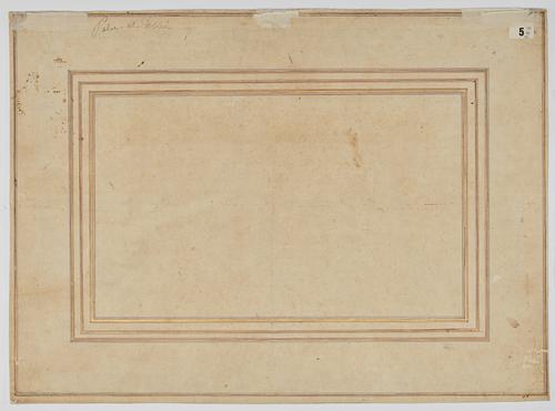 Back of the painting, beige paper, thin gold and red line boarder at the edge, then three more thin boarders in the middle of the paper closer together.