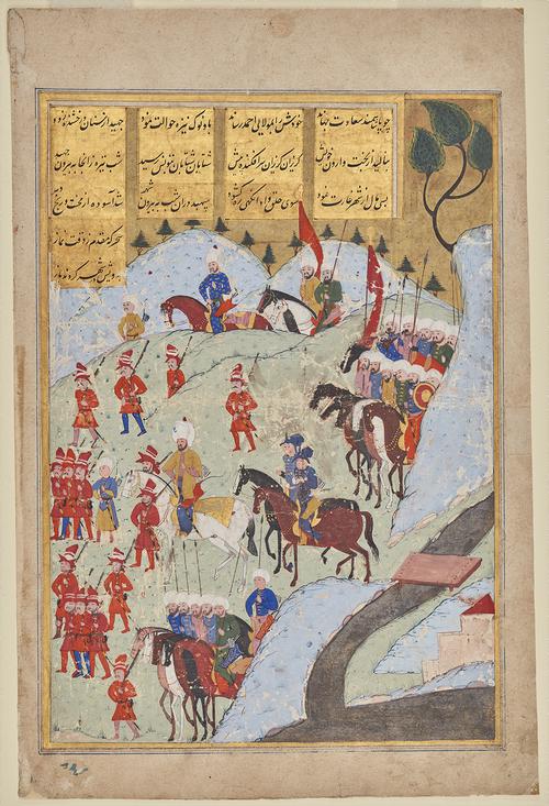 Folio page with 4 ruled gold text-columns set on a tan background and gold border. Below is a painting showing rows of cavalry and infantry cross a green field, with the turbanned Sultan riding among them on a white horse. They are riding in a hilled landscape.