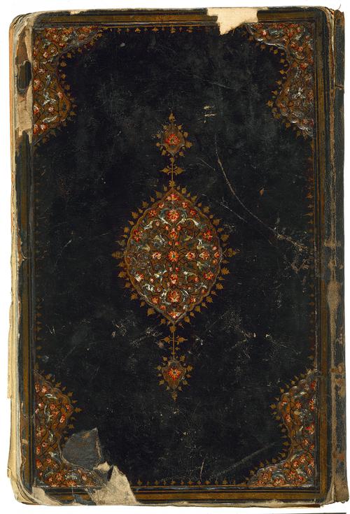  Leather binding cover with gold and red decoration.   