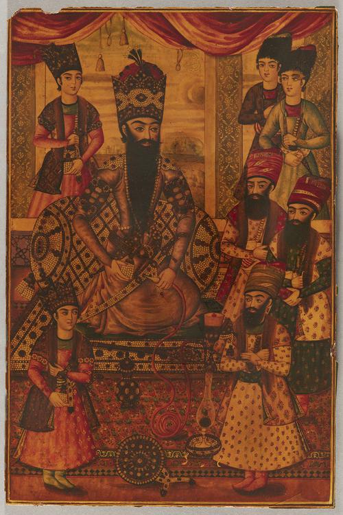 Cover panel in muted tones depicting a Qajar ruler seated on a carpet and smoking from a glass huqqa, surrounded by courtiers and attendants.