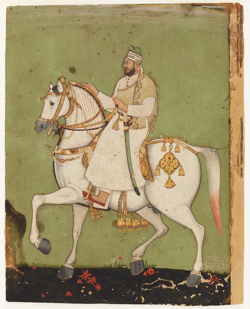 Painting of a male figure dressed in white, riding a white horse, Complete with luxurious textiles, high-quality saddles, and richly decorated harness fittings on a green background.