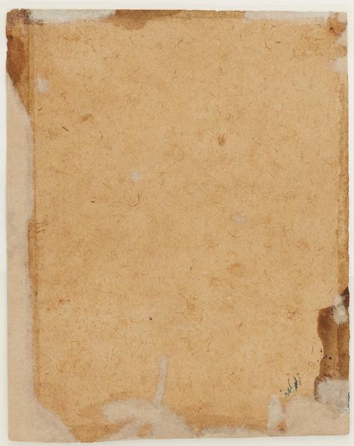 Back side of the painting, areas of dark brown discolouration at the corners.