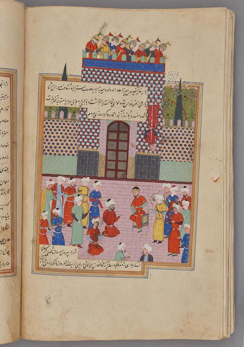  Painting within a rectangular border of blue, gold, green, and red, with script across the top and bottom. Courtyard scene, group of soldiers stand on a balcony looking down at a figure hanging. Group of figures standing on the ground below.   