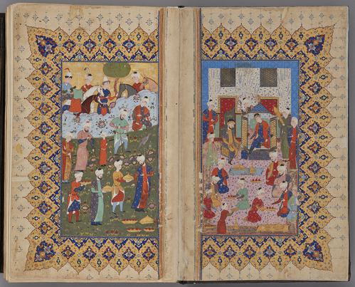 Painting, double-page spread. A young enthroned prince oversees a palace banquet, accompanied by a bearded wazir seated beside him. Across the garden on the left, servants bring further trays of food and more guests arrive, while a row of grooms wait with horses beyond the horizon.   