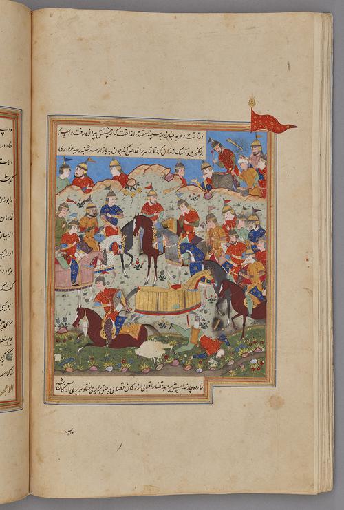  Painting within a rectangular border of blue, gold, red, and green, with script inside the top and bottom border. Figures on horseback watch a duel. In front of them, a warrior lies on the ground beside his horse. Another warrior rides away. Figures play drums and horns in the background.   