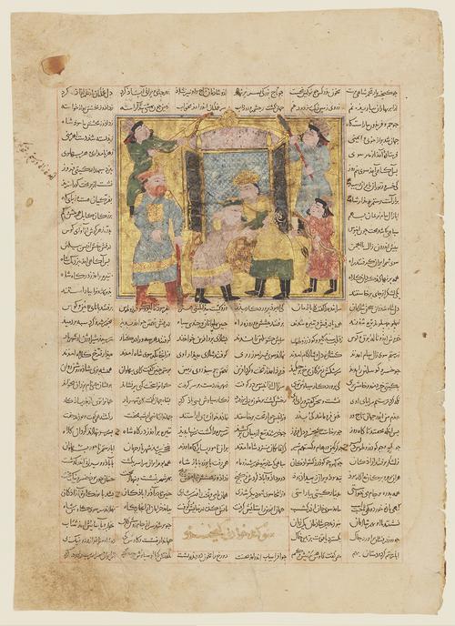 Painting of six figures standing in and around a open window with a gold background, set at the top of a folio page dissecting six columns of text.