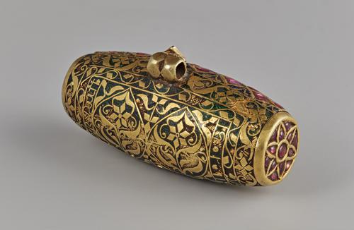 Cylindrically-shaped pendant view of the side with green enamel.