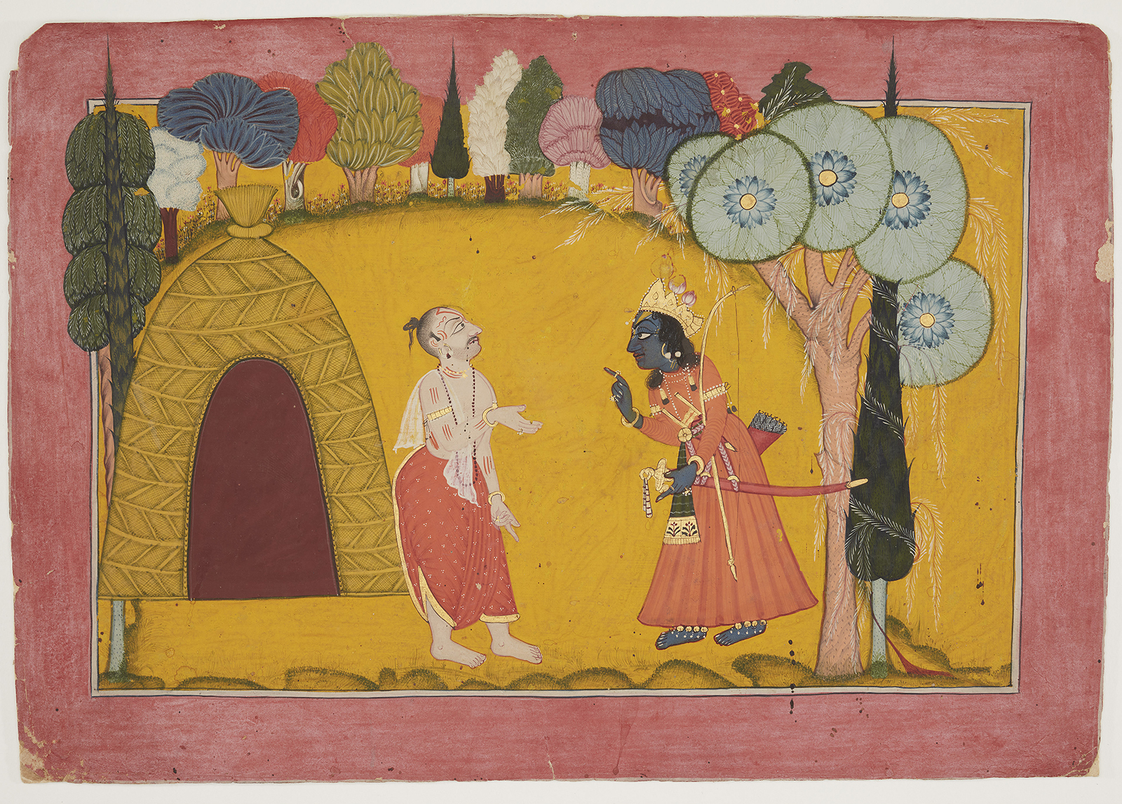 Rama speaks to the hermit Bharadvaja outside his Dwelling, From a Ramayana manuscript by Unknown artist