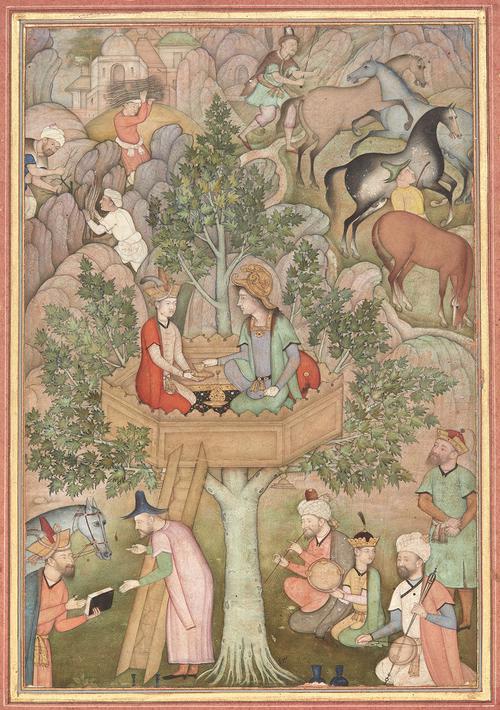 Ruled painting in pink frame with gold floral scroll, mounted on cream paper with gold floral decoration. In the painting, Eskander sits in a treehouse platform, taking a cup offered by his companion, wearing a Humayun-style turban. The background features scenes of a small city, musicians, and other figures in landscape. 