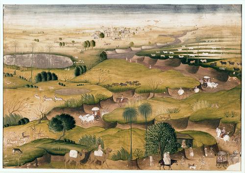 Watercolour painting featuring a village with a north Indian style Hindu temple in the background and moving villagers, travelers, and animals on a rolling landscape in the foreground.  