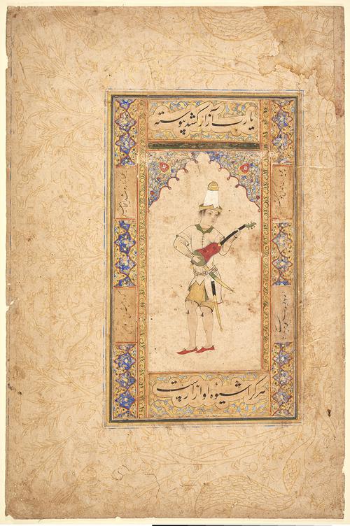 Painting depicting a young man playing a string instrument, probably a lute, with illuminated borders with panels of poetry in nasta`liq calligraphy. 