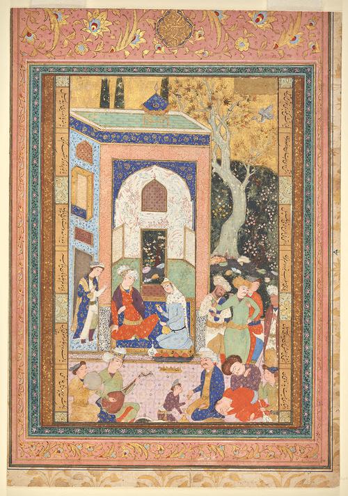 Painting depicting a small assembly of two musicians, consisting of an ‘oud player and a tambourine player, performing for a couple outside their chamber, with a border of coloured paper decorated with calligraphy and floral motifs. 